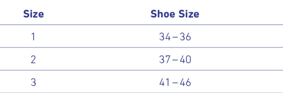 ValguLoc Splint Hallux night splint size chart for shoe sizes 34-46.
