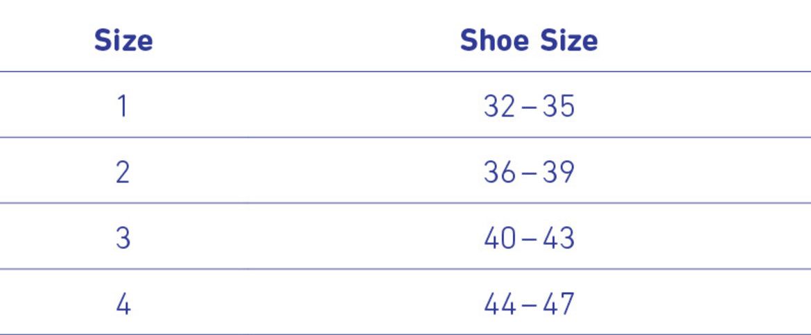 Visco Balance Heel Cushion size chart for shoe sizes 32-47.