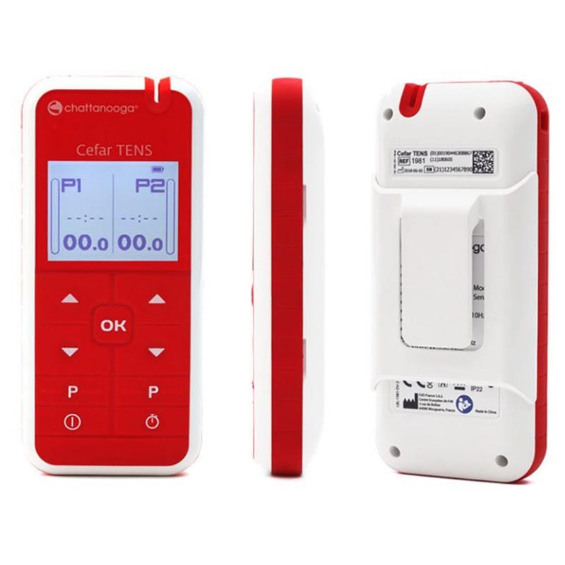 Cefar Muscle Stimulator & TENS device with dual channels, shown from front, side, and back.