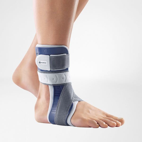 Malleoloc L Ankle Brace stabilizing slim fit orthosis worn on foot.