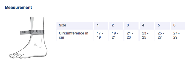 Size chart for AchilloTrain Ankle Brace showing ankle circumference measurements from 17 to 29 cm.