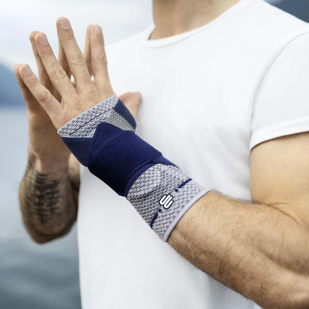Bauerfeind ManuTrain wrist brace for stabilization and pain relief.