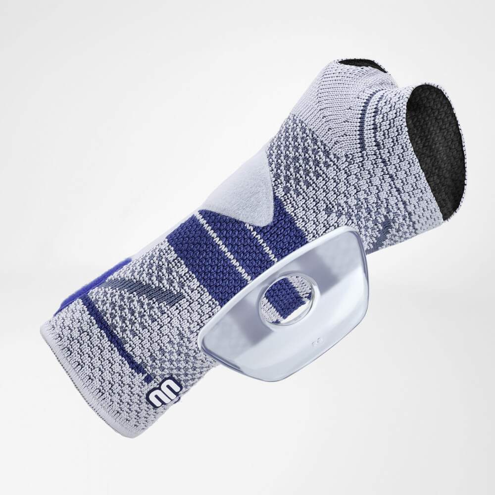 Bauerfeind ManuTrain wrist brace with adjustable strap system and breathable knit fabric.