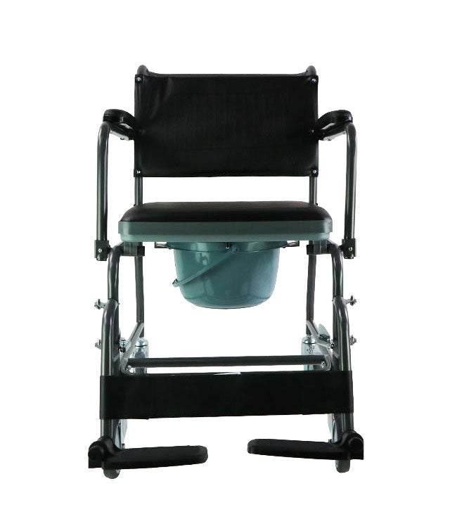Mobile steel commode with wheels, featuring padded vinyl drop arms, removable seat, bucket, and swing-away footrests.
