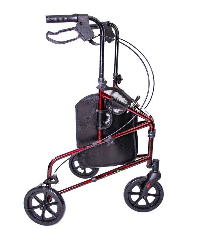3 Wheel Aluminum Rollator Walker in red, featuring 8" wheels, adjustable height, locking loop brake, and waterproof pouch.
