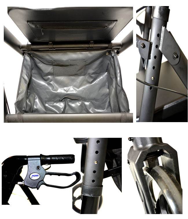 Aluminum Folding Bariatric Rollator with basket, adjustable grips, and 8" PVC wheels.