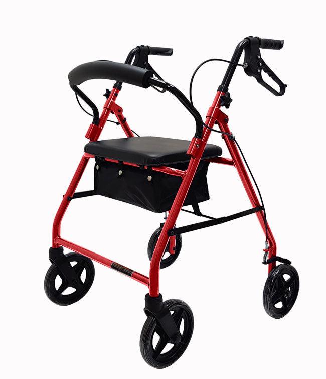 Economy Aluminum Rollator with 8" wheels, foldable design, adjustable hand grips, foam seat, red frame.
