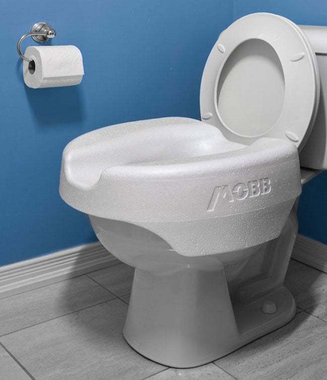 Lightweight raised toilet seat, adaptable and easy to clean, shown installed on a toilet.