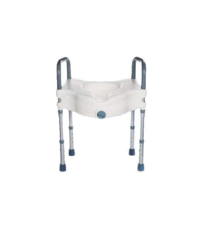 Raised Toilet Seat with legs, stability platform, adjustable height 19” to 23”, tool-free assembly.