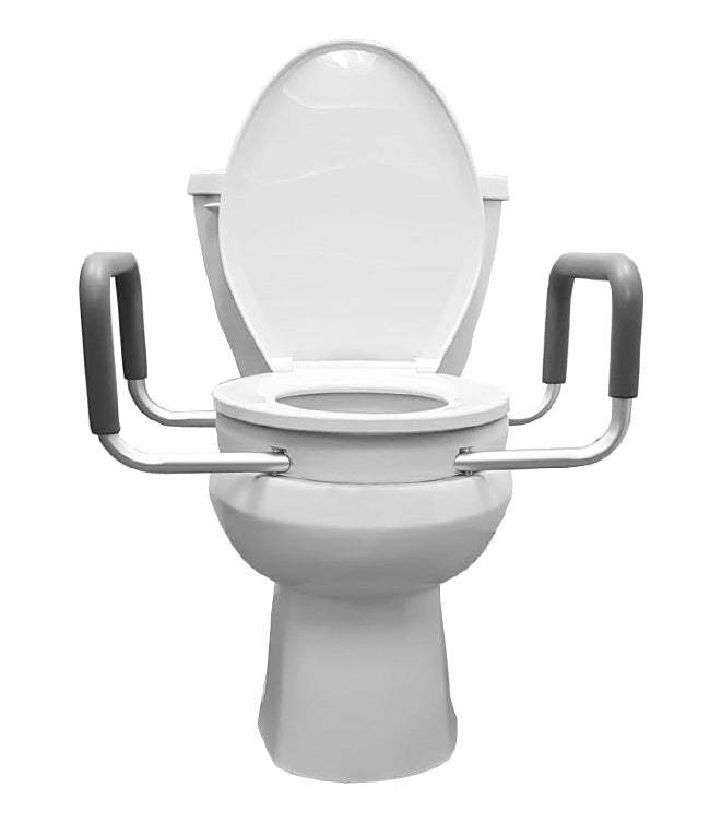 Raised toilet seat with removable padded arms for stability and security.