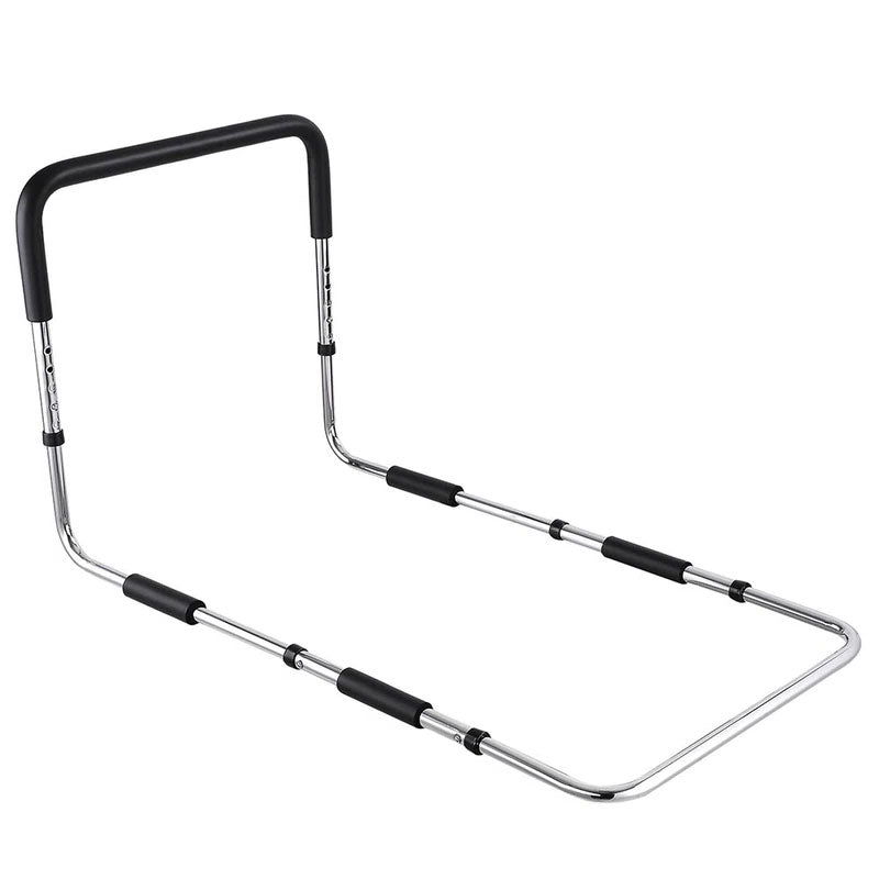 Bed assist rail with foam grip, adjustable height, and safety straps.