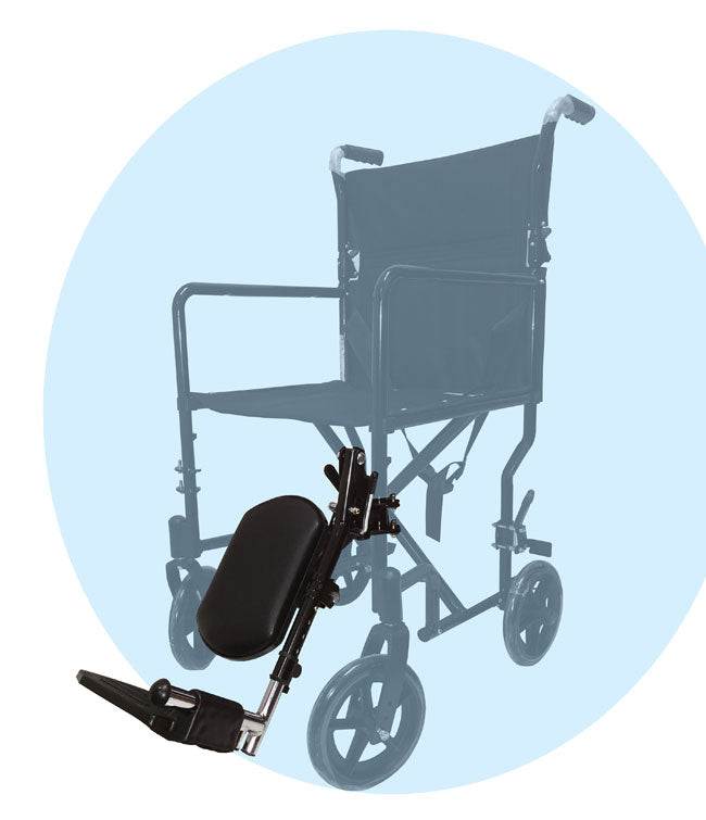 Lightweight steel wheelchair with detachable armrest and elevating leg rest.