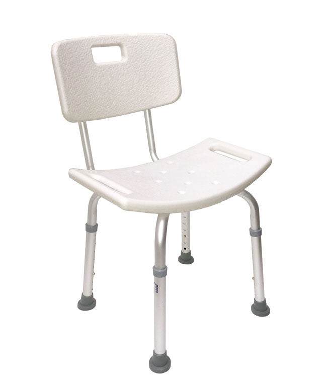 Adjustable bath chair with back rest for comfort and stability.
