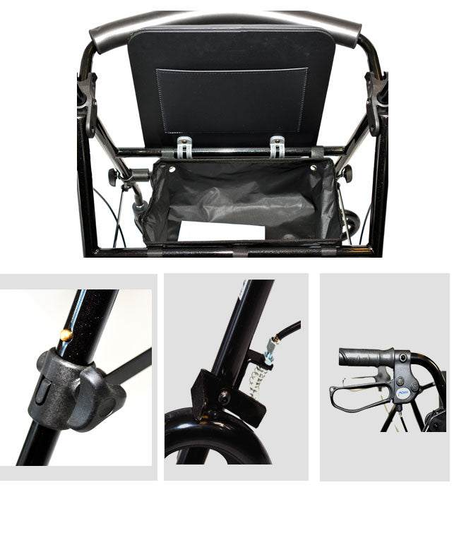 Aluminum folding rollator with padded seat, adjustable handgrips, and sling backrest.