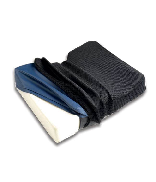 Conform Cushion with rear cutout, low-rise barrier, safety strap, and moisture-resistant cover.