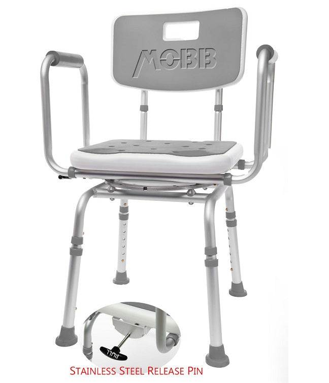Swivel Shower Chair 2.0 with 360° swivel, padded seat and armrests, adjustable legs, and rustproof aluminum.
