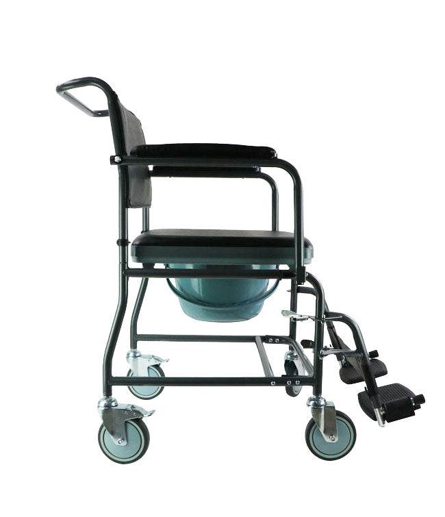 Mobile steel commode with wheels, padded vinyl seat and arms, includes bucket, swing-away footrests, 350 lbs capacity.