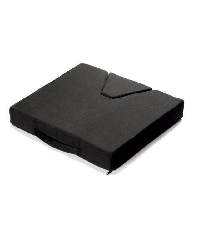 Convertible coccyx wedge cushion with removable cut out, memory foam, and washable cover.