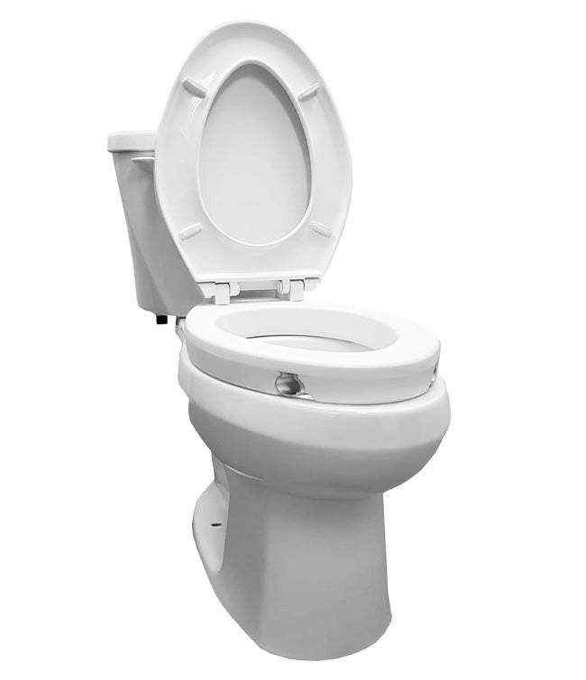2" raised toilet seat attached for added height and comfort.