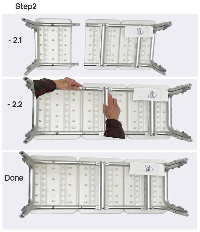 Transfer Bath Bench assembly process with adjustable height and suction cup feet for stability.