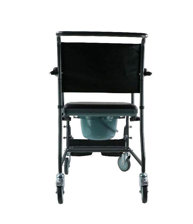 Mobile steel commode with wheels and padded vinyl drop arms.