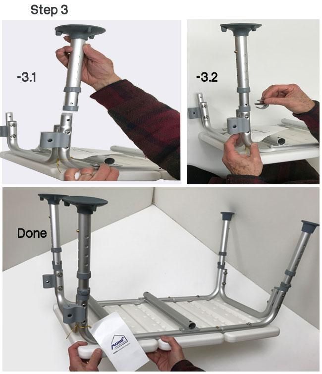 Transfer Bath Bench assembly with adjustable height and suction cup feet.