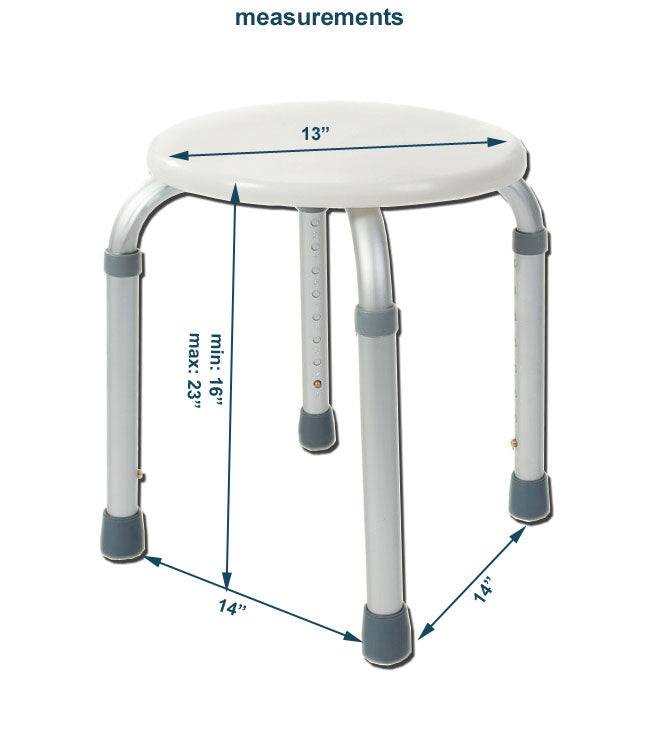 Bath stool with adjustable height, lightweight aluminum frame, and anti-slip rubber tips.
