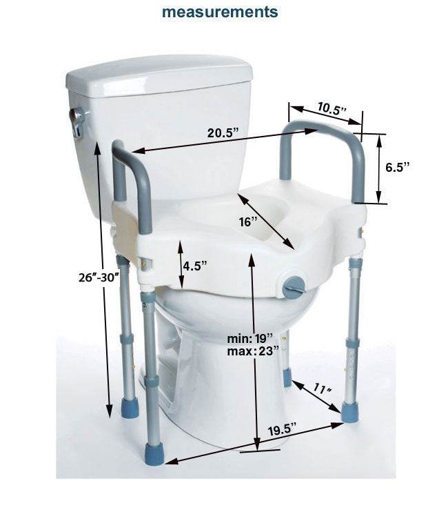 Raised toilet seat with legs, height adjustable from 19” to 23”, twist clamp for stability, foam rubber handles for grip, tool-free assembly, supports up to 300 lbs.