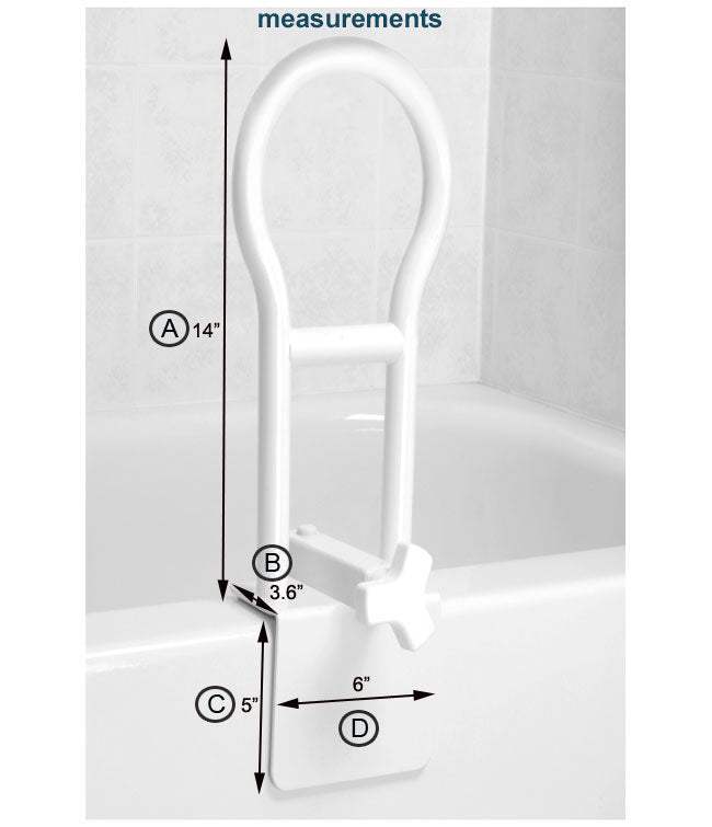 Clamp On Tub Rail installed on bathtub, 14-inch handle height, adjustable fit, scratch-resistant, powder-coated finish.