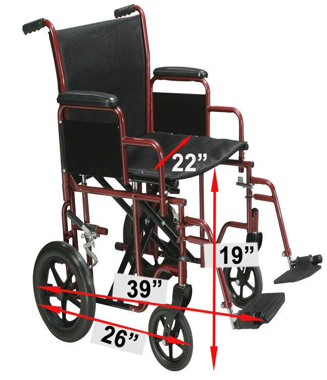 Heavy duty transport chair with powder coated steel frame, removable desk-length armrests, and swing-away footrests.
