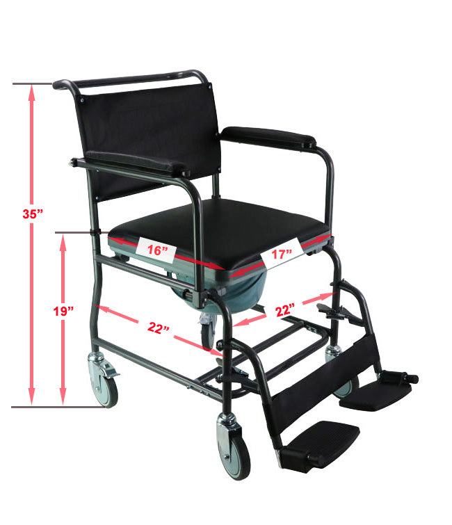 Mobile steel commode with wheels, padded vinyl drop arms, removable seat, includes bucket, swing-away footrests, 350 lbs weight capacity.