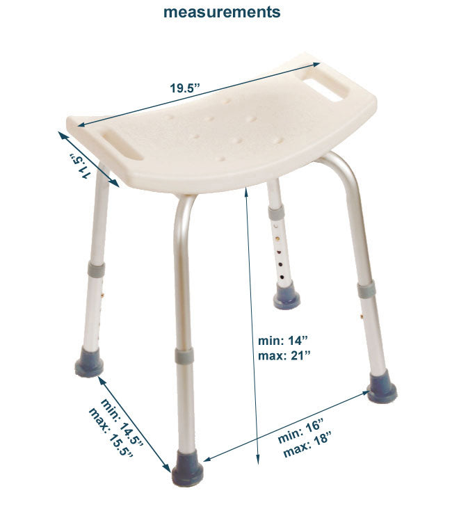 Bath chair without back, height adjustable, corrosion resistant, tool-free assembly.