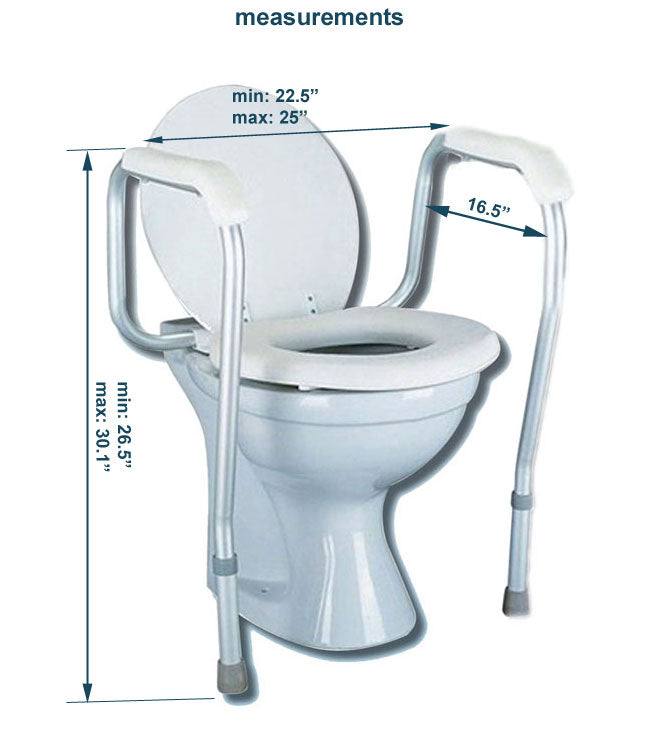 Toilet Safety Frame with adjustable height and width, attached to a toilet for stability, supporting up to 300 lbs.