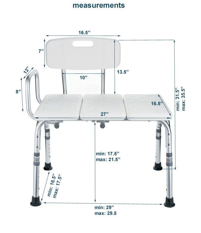Transfer Bath Bench with back support, adjustable height, suction cup feet, tool-free assembly.