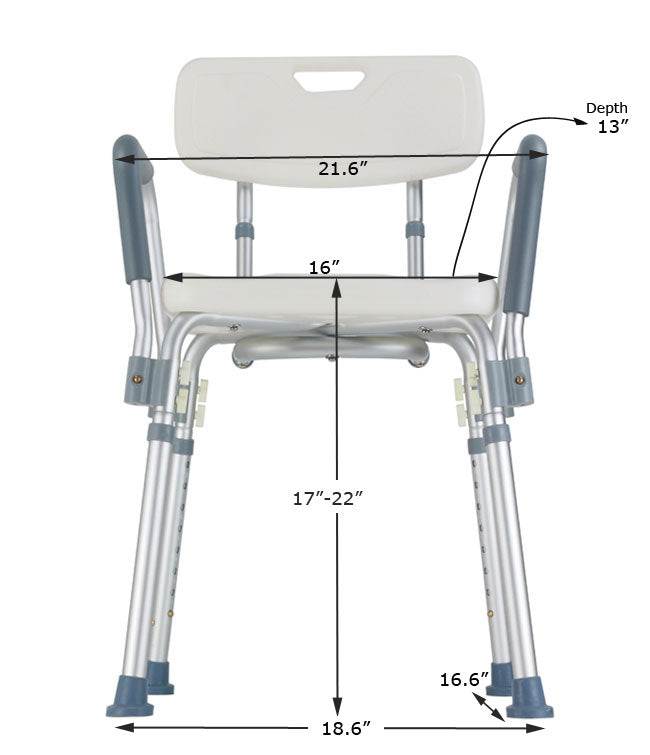Bath chair with back and arms, adjustable height, aluminum frame, and suction cup feet for stability.