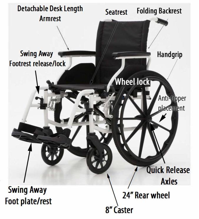 Aluminum wheelchair with black powder-coated frame, adjustable seat height, flip-up desk-length armrests, and detachable footrests.
