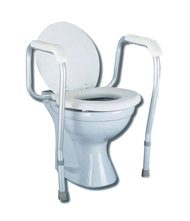 Toilet safety frame with adjustable height and quick release, supporting 300 lbs.