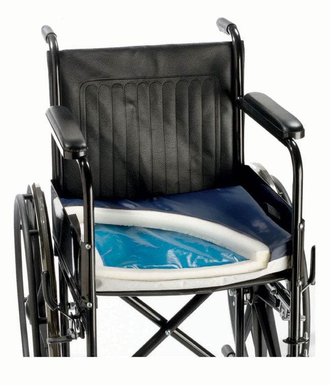 Wheelchair Gel Cushion providing comfort and stability with foam and gel layers, includes hand straps for positioning.