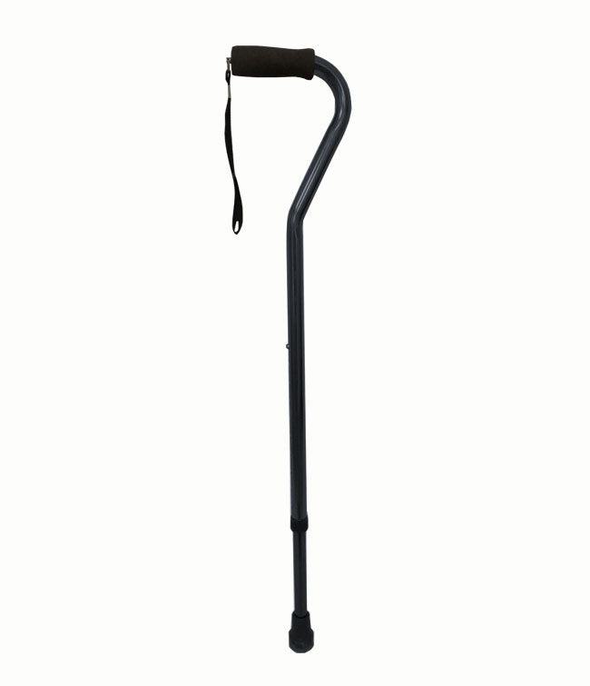 Offset Cane made of lightweight aluminum with anti-slip rubber tip and wrist strap.