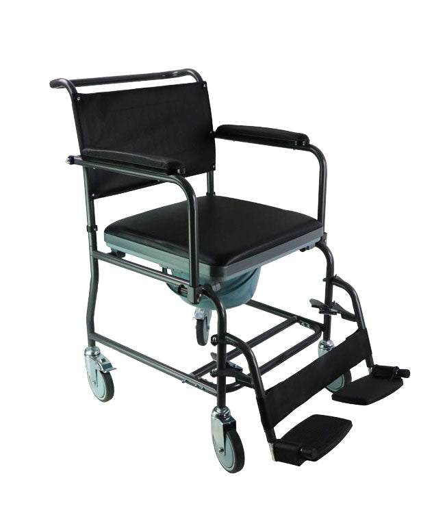Mobile steel commode with wheels, padded vinyl seat, drop arms, and swing-away footrests.