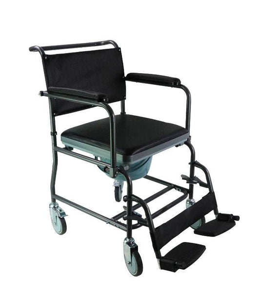 Mobile steel commode with wheels, padded vinyl seat, drop arms, and swing-away footrests.