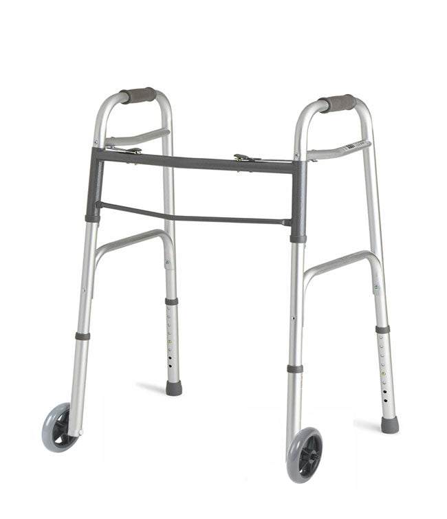 Folding walker with aluminum frame, height adjustable, anti-slip rubber tips, and front wheels.