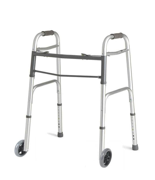 Folding walker with aluminum frame, height adjustable, anti-slip rubber tips, and front wheels.