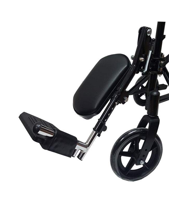 Lightweight steel wheelchair with elevating leg rest and black powder-coated frame.