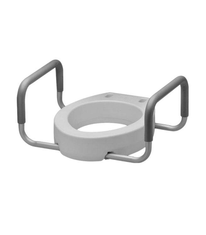 Raised toilet seat with padded arms for stability and comfort, adds 2" or 4" height, tool-free installation.