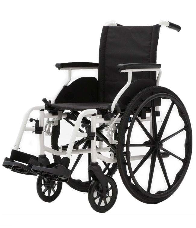 Aluminum wheelchair with black powder-coated frame, adjustable seat height, and foldable backrest.