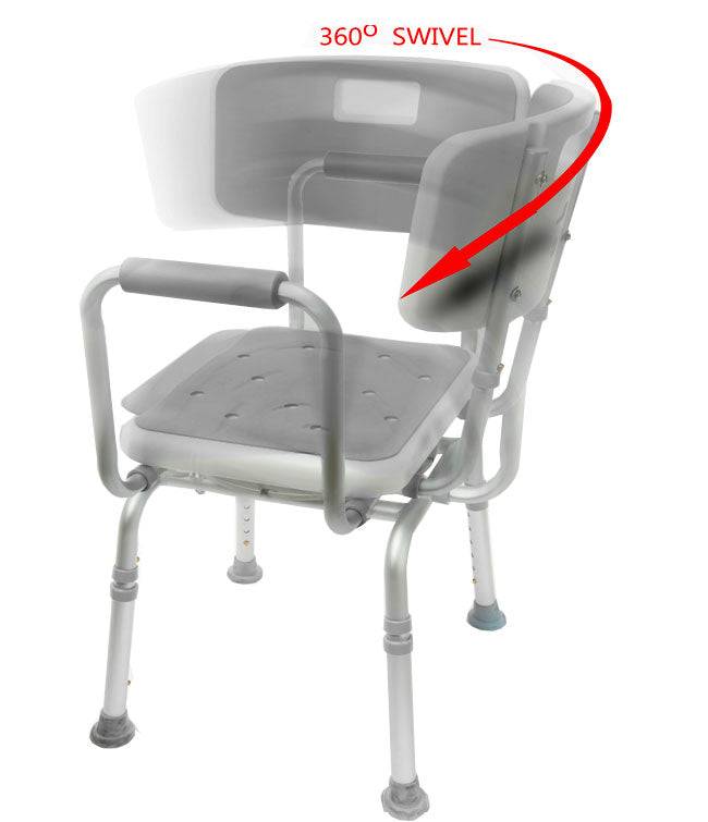 Swivel Shower Chair 2.0 with 360° rotating seat, padded armrests, and height-adjustable legs.