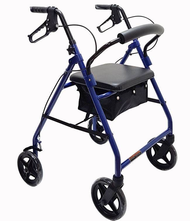 Economy Aluminum Rollator with 8-inch wheels, adjustable hand grips, foam padded seat, and foldable design.