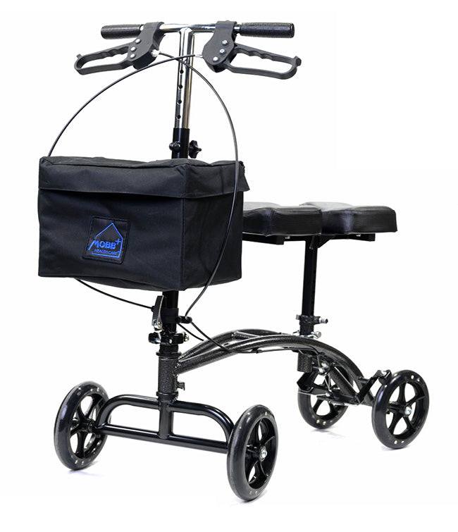 Knee walker with steerable wheels, padded leg rest, and front basket.