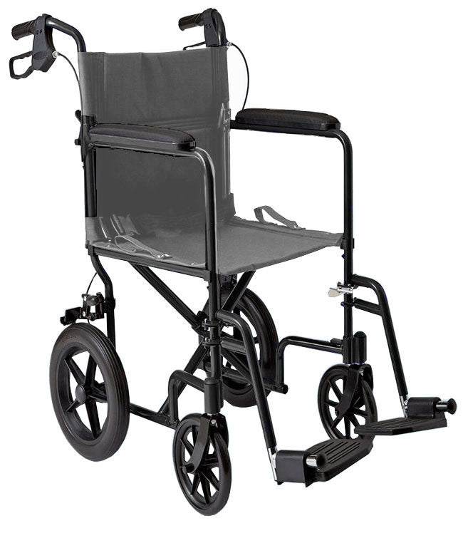 Lightweight Transport Chair with aluminum frame and 12-inch wheels.